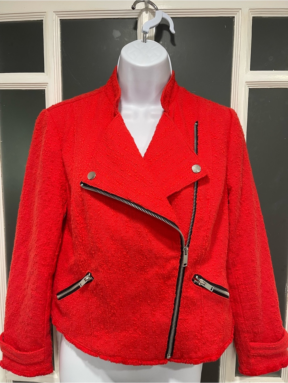 Dex Red Bouclé Asymmetrical Zip Moto Jacket